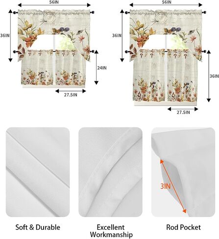 Botanical Leaves Swag Kitchen Curtain Sets with Valance,3 Pieces Rod Pocket Curtain Drapes for Bedroom Bathroom Cafe Windows,Wildflower Herb Plant Vintage Dragonfly 56''x36''&24''x27.5''x2Panels in Saudi Arabia