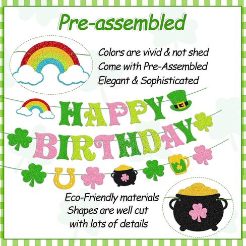 St. Patrick’s Day Happy Birthday Banner Shamrock Lucky One Two Lucky Four Leaf Clover Theme Party Decorations for Kids Boy Girl Irish Saint Patrick’s Bday Party Supplies(Green) in Saudi Arabia