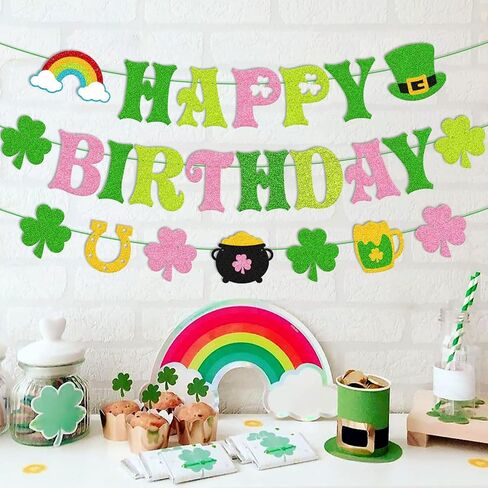 St. Patrick’s Day Happy Birthday Banner Shamrock Lucky One Two Lucky Four Leaf Clover Theme Party Decorations for Kids Boy Girl Irish Saint Patrick’s Bday Party Supplies(Green) in Saudi Arabia