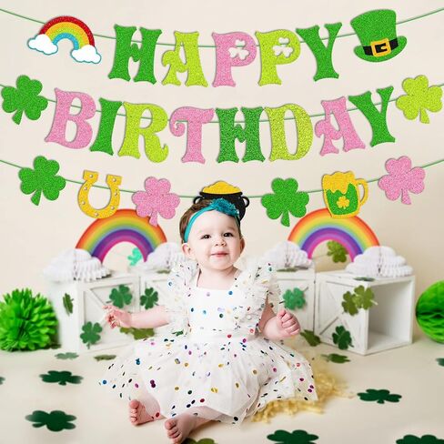 St. Patrick’s Day Happy Birthday Banner Shamrock Lucky One Two Lucky Four Leaf Clover Theme Party Decorations for Kids Boy Girl Irish Saint Patrick’s Bday Party Supplies(Green) in Saudi Arabia
