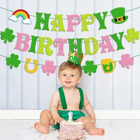 St. Patrick’s Day Happy Birthday Banner Shamrock Lucky One Two Lucky Four Leaf Clover Theme Party Decorations for Kids Boy Girl Irish Saint Patrick’s Bday Party Supplies(Green) in Saudi Arabia