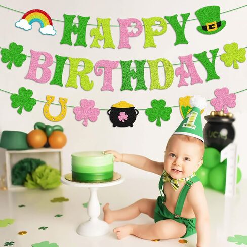 St. Patrick’s Day Happy Birthday Banner Shamrock Lucky One Two Lucky Four Leaf Clover Theme Party Decorations for Kids Boy Girl Irish Saint Patrick’s Bday Party Supplies(Green) in Saudi Arabia