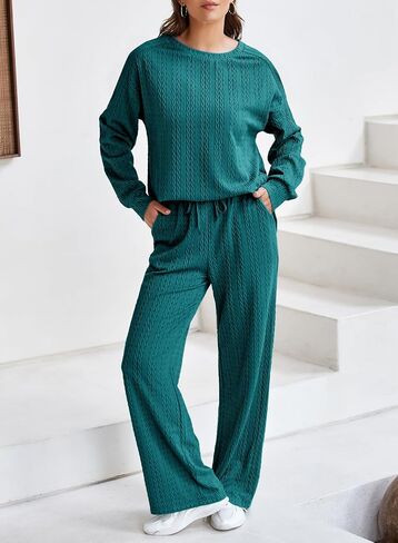 Dokotoo Women's 2 Piece Outfits Sweatshirt Lounge Sets Textured Long Sleeve Tops and Drawstring Pants Sweatsuit in Saudi Arabia