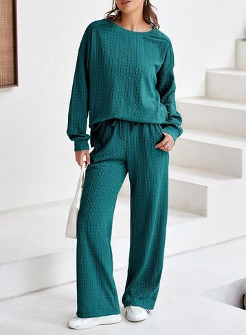 Dokotoo Women's 2 Piece Outfits Sweatshirt Lounge Sets Textured Long Sleeve Tops and Drawstring Pants Sweatsuit in Saudi Arabia