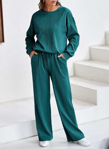 Dokotoo Women's 2 Piece Outfits Sweatshirt Lounge Sets Textured Long Sleeve Tops and Drawstring Pants Sweatsuit in Saudi Arabia