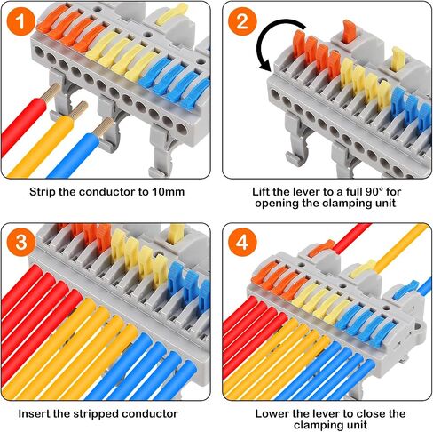 AITRIP 10PCS DIN Rail Terminal Blocks 28-12AWG Quick Wiring Cable Terminal Blocks for Circuit Inline Splices DIY Push-in Conductors Wire Connectors with Guide Rail Clamp (2 in 8 Out) in Saudi Arabia