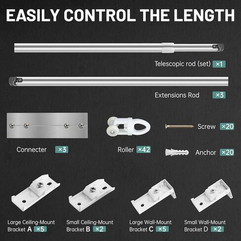 Zeerobee Ceiling Curtain Track,2.8-4.9ft Retractable Curtain Track Ceiling Mount For Room Divider Curtain Track, Ceiling Curtain Rod, Ceiling Rails with Silent Rollers (White) in Saudi Arabia