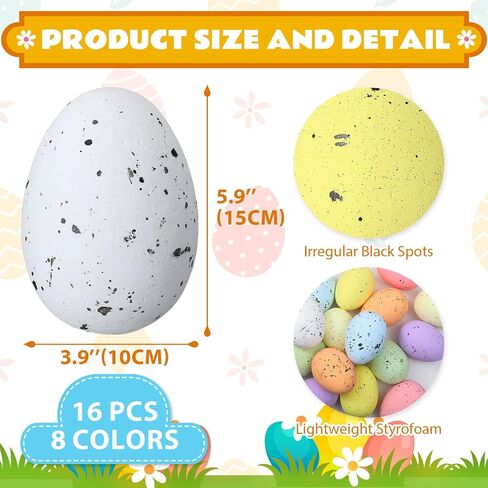 Liliful 16 Pcs 6 Inch Foam Easter Egg Decoration 8 Color Large Decor Easter Eggs Polystyrene Foam Easter Eggs for Crafts Mixed Color Speckled Eggs for Easter Party Kids Home Photo Prop in Saudi Arabia