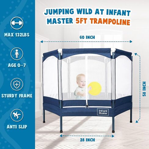 Infant Master Kid Trampoline, Trampoline for Kids，Mini Trampoline, 5ft Recreational Trampolines, Heavy Duty Frame with High Elasticity, Triple Zipper Design, Jump for Fun Indoor & Outdoor in Kuwait