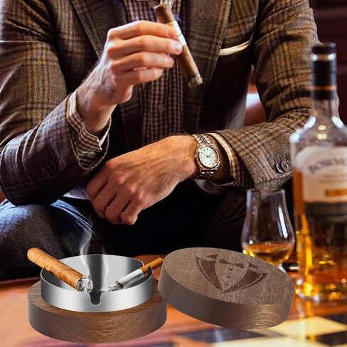 Groomsman Wooden Ashtray with Lid Smell Proof, Indoor Outdoor Ash Tray for Cigarette Cigar, Best Man Gift for Wedding Day, Groomsmen Gifts for Men, with Black Stainless Steel Insert in Saudi Arabia