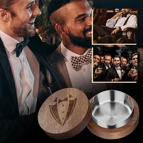 Groomsman Wooden Ashtray with Lid Smell Proof, Indoor Outdoor Ash Tray for Cigarette Cigar, Best Man Gift for Wedding Day, Groomsmen Gifts for Men, with Black Stainless Steel Insert in Saudi Arabia
