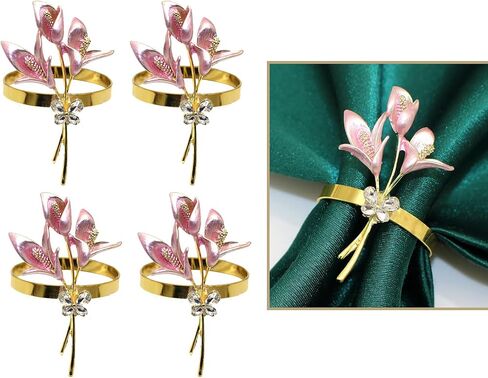 Lily Napkin Rings Set of 4,Flower Napkin Holders Gold Metal Napkin Ring Perfect for Wedding Party Holiday Banquet Christmas Dinner Delicate Serviette Buckles Decor (Pink) in Saudi Arabia