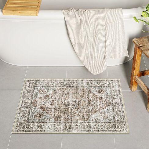 Uphome Boho Bathroom Rugs, Distressed Farmhouse Khaki Bath Mat, Comfy Velvet Small Bath Rugs Non Slip Washable, Vintage Oriental Toilet Rug for Sink Shower Vanity, 18x26 inch in Saudi Arabia