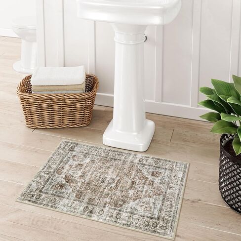 Uphome Boho Bathroom Rugs, Distressed Farmhouse Khaki Bath Mat, Comfy Velvet Small Bath Rugs Non Slip Washable, Vintage Oriental Toilet Rug for Sink Shower Vanity, 18x26 inch in Saudi Arabia
