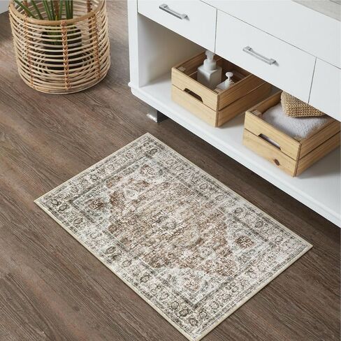 Uphome Boho Bathroom Rugs, Distressed Farmhouse Khaki Bath Mat, Comfy Velvet Small Bath Rugs Non Slip Washable, Vintage Oriental Toilet Rug for Sink Shower Vanity, 18x26 inch in Saudi Arabia