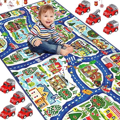 سجاد قرية الثلج لعيد الميلاد للأطفال مقاس 60 بوصة × 31.5 بوصة سجادة لعب للأطفال الصغار سجادة لعب مع 8 سيارات لعبة حمراء للمراهقين، هدية تعليمية ممتعة in Kuwait