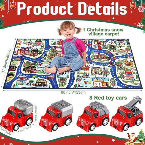 سجاد قرية الثلج لعيد الميلاد للأطفال مقاس 60 بوصة × 31.5 بوصة سجادة لعب للأطفال الصغار سجادة لعب مع 8 سيارات لعبة حمراء للمراهقين، هدية تعليمية ممتعة in Kuwait