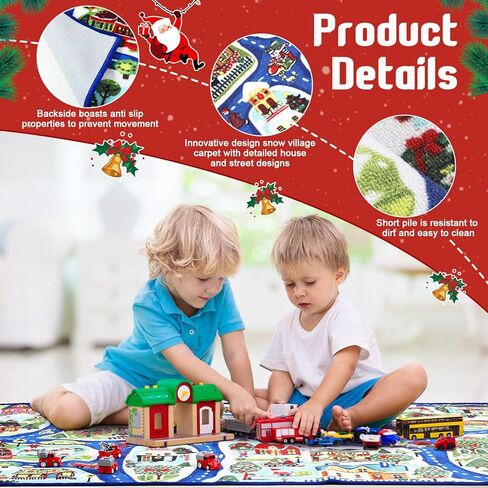 سجاد قرية الثلج لعيد الميلاد للأطفال مقاس 60 بوصة × 31.5 بوصة سجادة لعب للأطفال الصغار سجادة لعب مع 8 سيارات لعبة حمراء للمراهقين، هدية تعليمية ممتعة in Kuwait