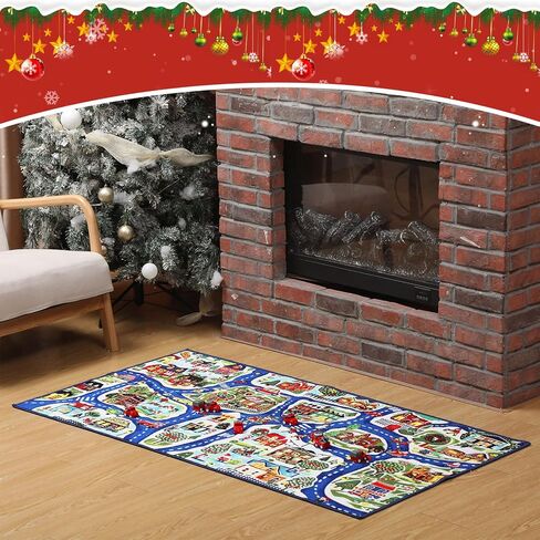 سجاد قرية الثلج لعيد الميلاد للأطفال مقاس 60 بوصة × 31.5 بوصة سجادة لعب للأطفال الصغار سجادة لعب مع 8 سيارات لعبة حمراء للمراهقين، هدية تعليمية ممتعة in Kuwait
