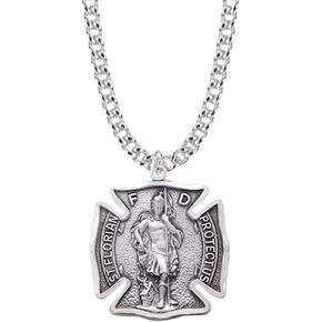 1-1/8 Inch Sterling Silver or Two Toned Sterling Silver and Gold St. Florian Shield Medal Pendant Necklace, Patron Saint of Firefighters, Religious Catholic Jewelry for Men, Customizable Engraving Available