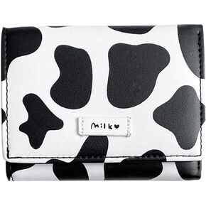 FuninCrea Womens Wallet with Cow Print, PU Leather Coin Purse with Metal Snap Button, Folded Travel Wallet Small Purse with 8 Card Slots and Compartment for Store Change, Cards (black)