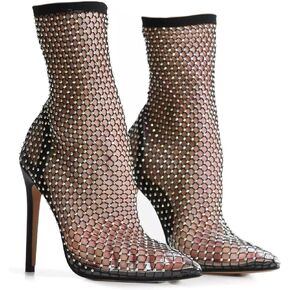 Women Bling Rhinestones Multi Colour Diamante Detail Stiletto Heel Ankle Sock Boot In Black Fishnet Pointed Toe Heeled Sandals Shoes