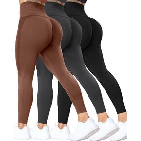 ATHVOTAR 3 Pack Butt Lifting Workout Leggings Women High Waist Seamless Scrunch Butt Booty Gym Leggings Black/Gray/1 Brown S