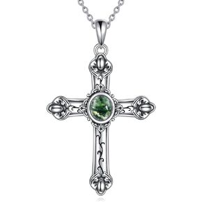 YAFEINI 925 Sterling Silver Moss Agate Cross Necklace