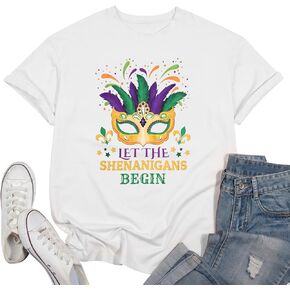 Funny Mardi Gras T-Shirt for Women Let The Shenanigans Begin Shirt Mardi Gras Cruise 2024 Carnival Themed Tee Top