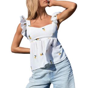 Verdusa Women's Boho Square Neck Sleeveless Tops Floral Print Ruffle Trim Peplum Blouse