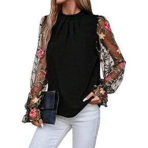 Floerns Women's Floral Embroidery Mesh Mock Neck Flare Long Sleeve Blouse Top