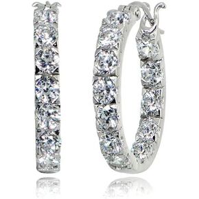 Sterling Silver Polished 3mm Inside Out Round AAA Cubic Zirconia Hoop Earrings, 20mm or 25mm