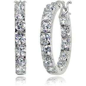 Sterling Silver Polished 3mm Inside Out Round AAA Cubic Zirconia Hoop Earrings, 20mm or 25mm