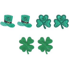 3 Pairs Cute Green Clover Leaf Flower Stud Earrings Set for Women Girls Acrylic Lucky Love Heart Hat Shamrock St.Patricks Decor Small Studs Lightweight Holiday Festival Jewelry Gifts