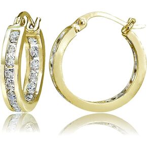 Hoops & Loops 925 Sterling Silver Cubic Zirconia Channel-Set Small 15mm & 20mm Round Click-Top Hoop Earrings for Women & Teen Girls, Silver,Yellow, Rose Gold, Black