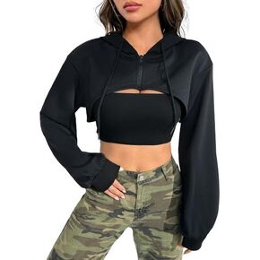 WDIRARA Women's Long Sleeve Super Crop Top Hoodies Drop Shoulder Zipper Front Drawstring Sexy Rave Hip Hop Sweatshirt