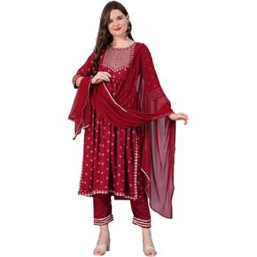 KUROCK Indian Women's Rayon Embroidred Nyra Cut Kurta With Pant And Dupatta Set (Maroon)
