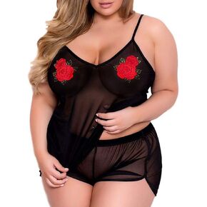 Plus Size Lingerie for Women, Sexy See Through Rose Cami Set Sheer Mesh Top Short Pajamas Sleepwear