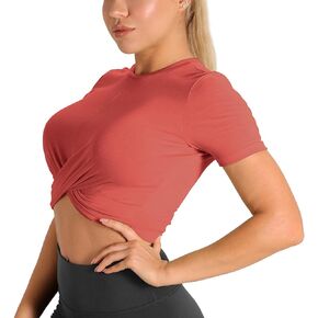 icyzone Workout Crop Tops for Women, Twist Front Yoga Athletic Short Sleeves, Gym Running T-Shirts, Exercise Tee Shirt