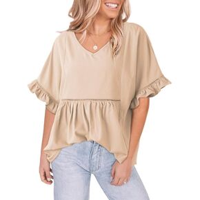 Dokotoo Womens Blouses Smocked Casual V Neck Ruffle Bell Half Sleeve Shirts Top