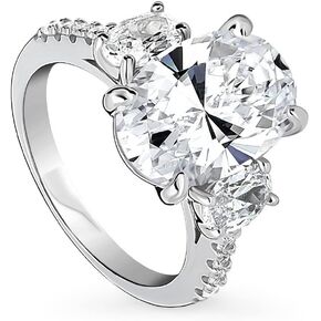BERRICLE Sterling Silver 3-Stone Wedding Engagement Rings Oval Cut Cubic Zirconia CZ Statement Cocktail Anniversary Ring for Women, Rhodium Plated Size 4-10