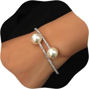 MUAYOUAUM Bracelets A9 for Women Girls Simulated Pearls (SILVER)