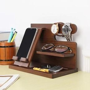 NOZEM Wood Phone Docking Station Ash Key Holder Wallet Stand Watch Organizer Men Husband Wife Anniversary Dad Birthday Nightstand Purse Father Graduation Male Idea Gadgets (WALNUT)