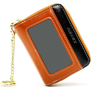 ANDOILT Small Genuine Leather Wallet for Women Men RFID Blocking Identity Safe Double Zipper Accordion Credit Card Holder Keychain Wallets Brown