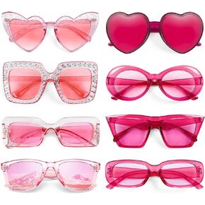 Pibupibu 8 Pack Pink/Hot Pink Sunglasses for Women, Retro Rectangle Square Cateye Oval Heart Sunglasses Party Glasses Set