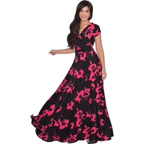 KOH KOH Womens Short Cap Sleeves Abstract Flower Print Long Maxi Dress Gown