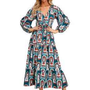 Women's Summer Casual Bohomian 3/4 Sleeve V-Neck Loose Fit Elegant Flowy Maxi Sun Dresses