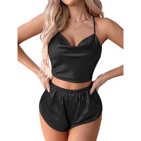 LYANER Women's Silky Satin Pajamas Set Cami Crop Top with Shorts Lingerie Sleepwear PJ Set