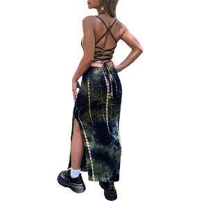 Y2K Long Dresses for Women Bandage Split 90s Dress Grunge Clothing,XS-XXL