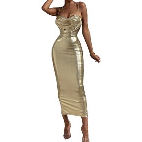 xxxiticat Women's Cowl Neck Maxi Satin Dress Sleeveless Ruched Spaghetti Straps Low Cut Party Bodycon Slip Gown Dress